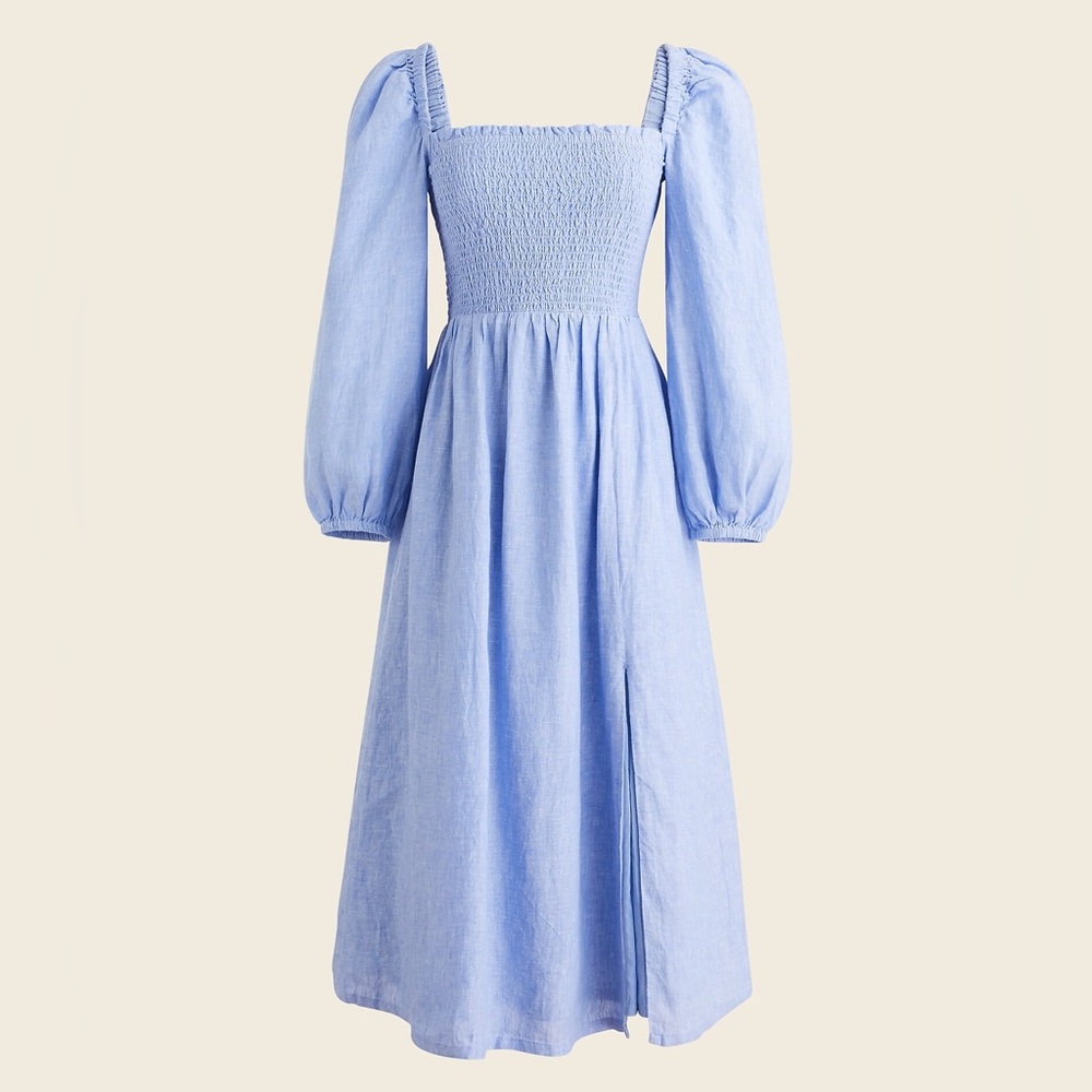 J.Crew Linen Daydream Smocked Puff Sleeve Babydoll Midi Dress French Blue XS